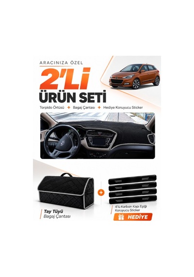 Hyundai İ20 2014-2020 Uyumlu Torpido Örtüsü + Tay Tüyü Bagaj Çantası + Sticker Seti - Siyah Gri