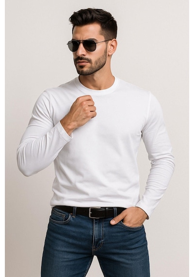 Erkek Bisiklet Yaka Beyaz Body %100 Pamuk Uzun Kollu Tişört Erkek Düz T-shirt 6012
