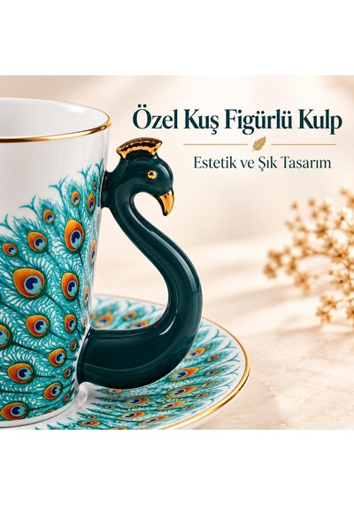 Valkyrie Peacock Serisi 6 Kişilik 12 Parça Tavus Kuşuporselen Türk Kahvesi Fincan Takımı 90ml Yeşil