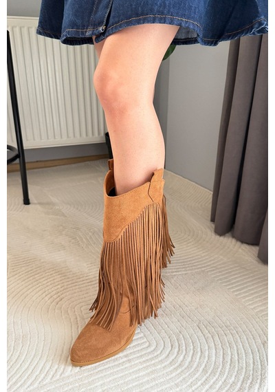 Preshley Kadın Dakota Taba Süet Püsküllü 5 Cm Topuklu Kovboy Çizme TABA SÜET