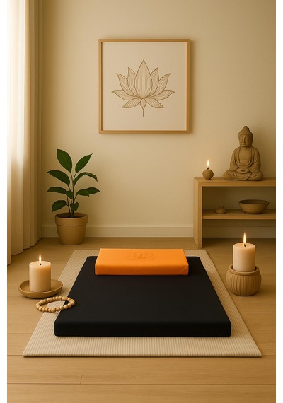 60x60 Meditasyon Minderi Seti İkili Yoga Meditasyon Minderi Lotus Çiçeği Baskılı Meditasyon Minderi Siyah - Turuncu
