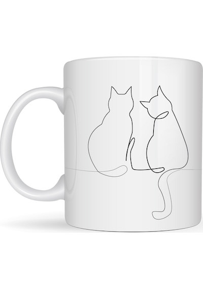 Minimal Çizim İki Kedi Desenli Porselen Kupa Model 77 Sevgi Temalı Şık Tasarım, Kahve & Çay Kupası Diğer
