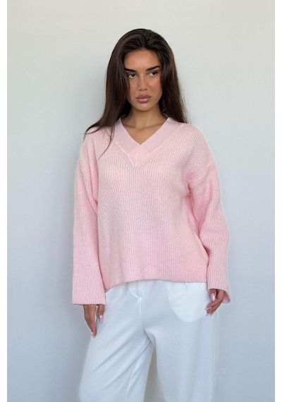 Madmext Pembe V Yaka Triko Kadın Kazak Mg2501 Pembe