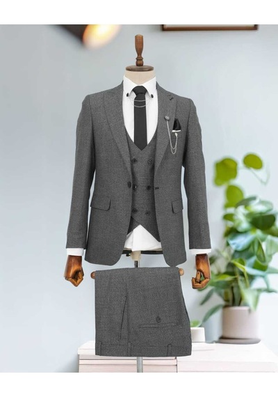 Beystil Sivri Yaka Gri Takım Elbise Bezayak - Slim Fit Gri