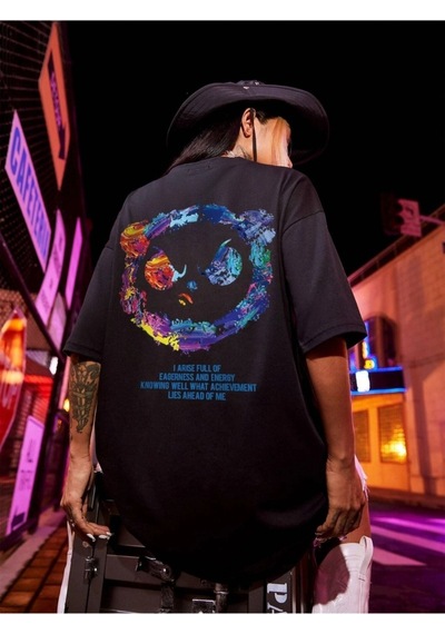 Kadın Siyah Oversize Kızgın Ayı Baskılı T-shirt Siyah