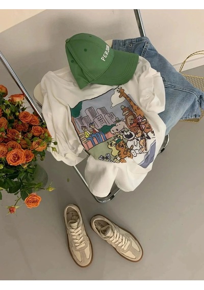 Startmore Beyaz Yaz Tasarım Baskılı Gevşek Öğrenci Şık Hong Kong Üst Yuvarlak Ne Kore Yaz Streetwear Gr Beyaz