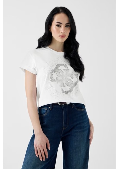 Guess Round Straslı Logo Kadın Regular Fit T-shirt W6yı18k4331 Beyaz
