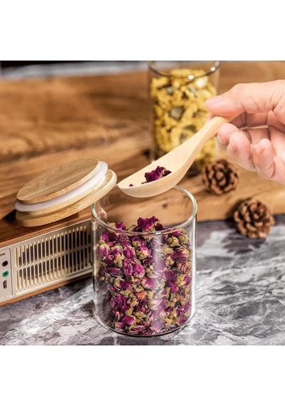 12 Adet Vakumlu Bambu Kapaklı Borosilikat Baharatlık, Saklama Kabı, Çerezlik 200 Ml Jarpot Şeffaf