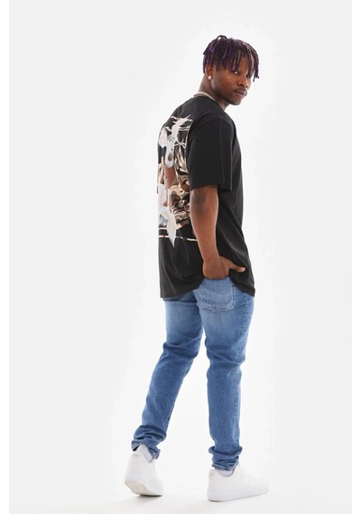Erkek Baskılı T-shirt Yazlık Kısa Kol Bisiklet Yaka Tişört - Siyah