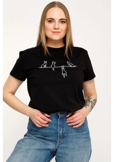 Unisex Kedi Baskılı Oversize Tshirt Siyah