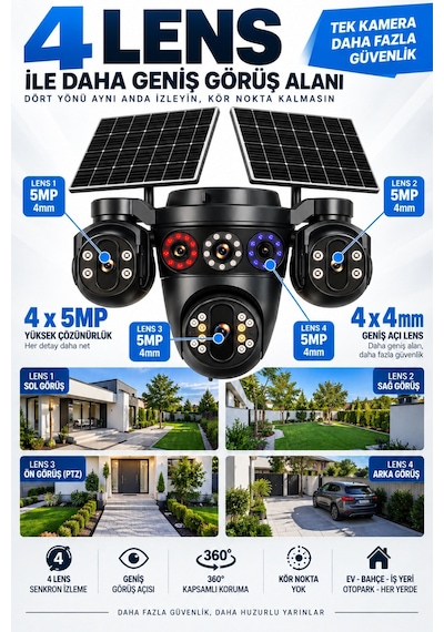 20mp 4 Lensli Solar Güvenlik Kamerası 16x Dijital Zoom Çift Solar Panel Full Hd Gece Görüş Siren Hieasy