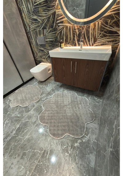 Bubble Papatya Banyo Paspası 2'li Set Pofuduk Yumuşak Peluş Kaymaz Taban Dekoratif Banyo Halısı Gri