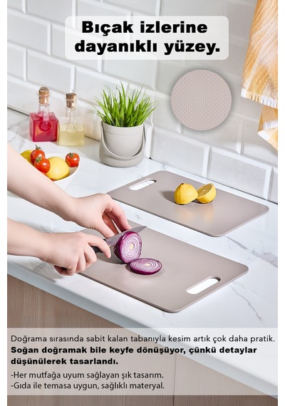 2'li Standlı Kesme Tahtası Seti - Yapışkanlı Dolap İçi Stant Kaydırmaz Meyve Sebze Kesim Panosu Bej Bej
