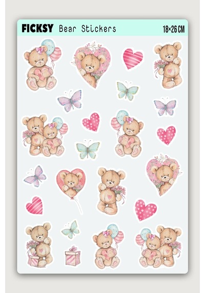 Sevimli Ayıcık Teddy Bear Sevgililer Günü Temalı Sticker Seti - 23 Adet Etiket Çıkartma Diğer