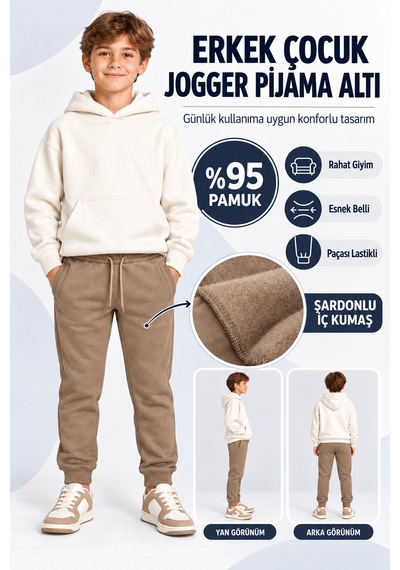 Ahengim Erkek Çocuk Beli İpli Paçası Lastikli Jogger Eşofman Altı Bej Gri Lacivert Ak55010