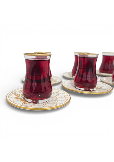 Sudedi Home Altın Yaldızlı Desenli Çay Bardağı Takımı 6 Kişilik Cam Çay Seti Çok Renkli