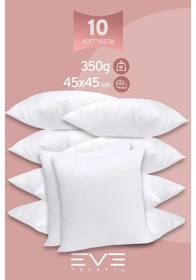 Eve Tekstil 10 Adet Throw Serisi Antialerjik %100 Silikon Elyaf Dolgulu Kırlent Iç Kare Yastık 45x45cm 350gr Beyaz