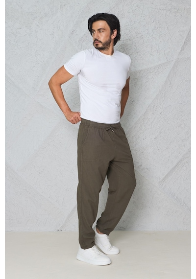 Blayn Jeans Erkek Haki Jogger Pantolon Beli Lastikli Bağcıklı %100 Pamuk Keten Baggy Rahat Günlük Pantolon