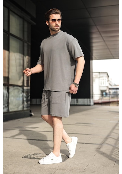 Madmext Füme Bisiklet Yaka Oversize Erkek Şort T-shirt Takım E7355 Füme