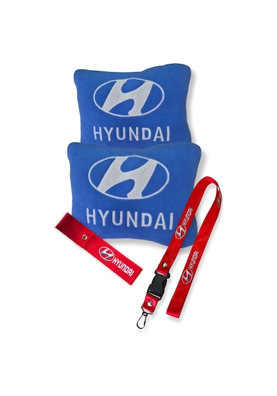 Hyundai Nakışlı Mavi Polar Ortopedik Seyahat Araç Boyun Yastığı / Oto Ayna Askısı & Tampon Çeki İpi Mavi