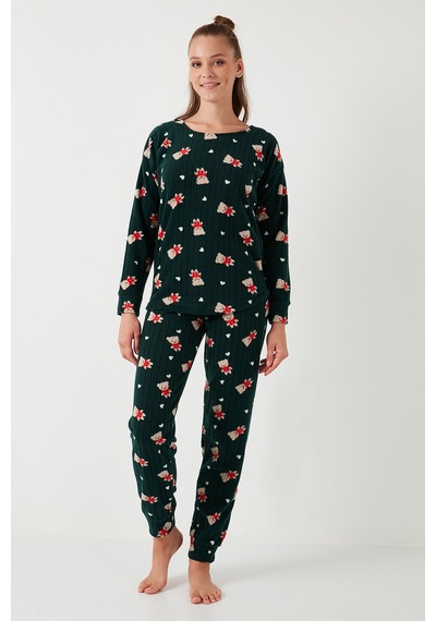 Lela Standart Fit Bisiklet Yaka Bayan Pijama Takımı 6093735 Yeşil