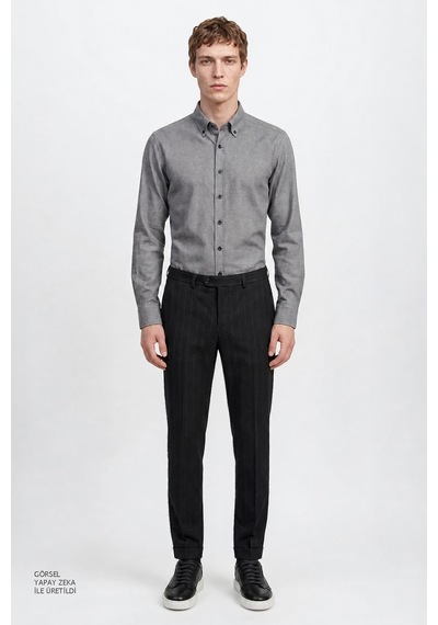 Altınyıldız Classıcs Erkek Grı Pamuklu Slim Fit Dar Kesim Düğmeli Yaka Diagonal Desenli Flanel Gömlek Gri