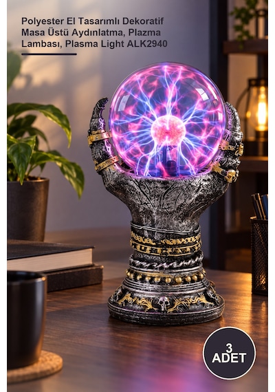 3 Adet Plazma Işık Polyester El Tasarımlı Dekoratif Masa Üstü Aydınlatma, Plazma Lambası, Plasma Light Alk2940