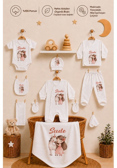 Pia Baby Kişiye Özel İsimli Kız Bebek Hastane Çıkış Seti 10 Parça %100 Pamuk 110510yx Ekru