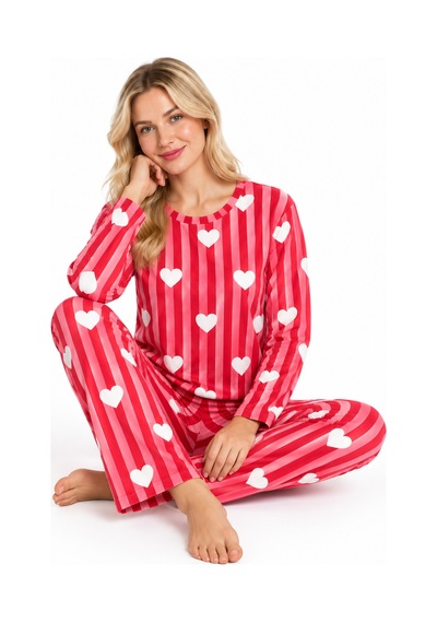 Sleeeproom Kadın Süet Mevsimlik Çizgili Kalp Desen Pijama Takımı Kırmızı Kalpli