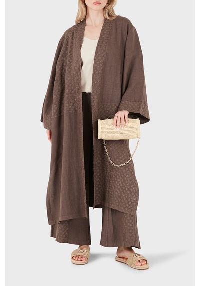Via Dante % 100 Keten Brode İşlemeli Kimono Bayan Kimono 69912196 Kahve