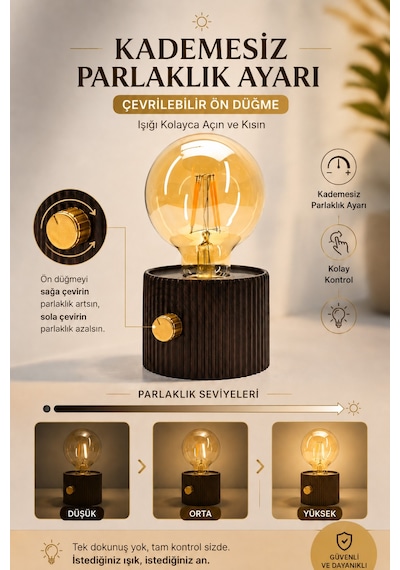 Şarjlı Masa Lambası Abajur Dimmer Parlaklık Ayarlı Gece Masa Üstü Lamba Kahve 712 Kahverengi