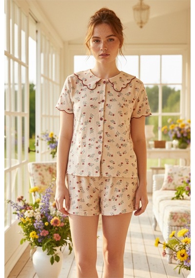 Siyah İnci Yakalı Düğmeli Fitilli Kaşkorse Örme Şort Takım 26120003 Bej