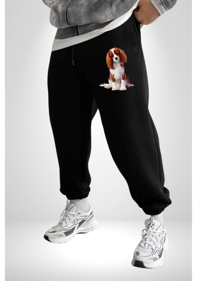 Angemiel Cavalier King Charles Spaniel 3 İplik Erkek Baskılı Siyah Eşofman Altı Siyah