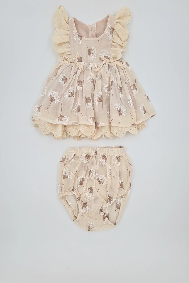 Kıpırık Baby Kız Bebek Bej Çiçek Desenli Elbise Kilotlu Takım-1347 Bej