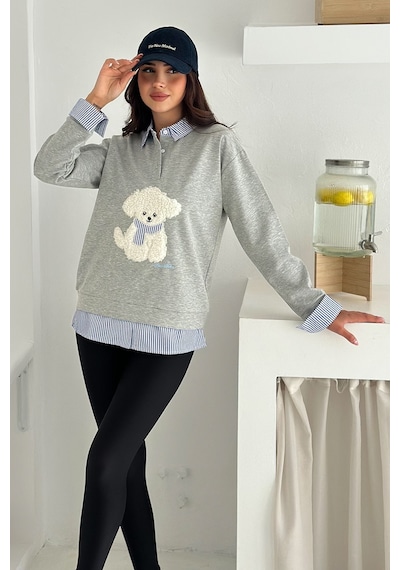 Kadın Nakış Peluş Ayıcık Figürlü Sweatshirt Eğlenceli & Şehirli Stil Gri