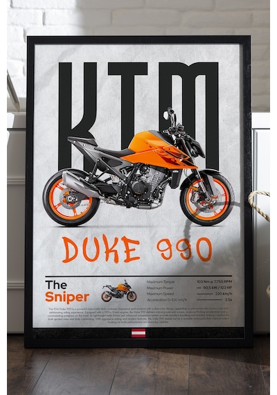 Ktm Duke 990 Siyah Ahşap Çerçeveli Poster, Dekoratif Motosiklet Duvar Tablosu