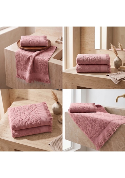 Botti Home %100 Pamuk Jakarlı 2 Li El Ve Yüz Havlusu Seti 50 X 90 Cm Çeyizlik Saçaklı Havlu Pembe