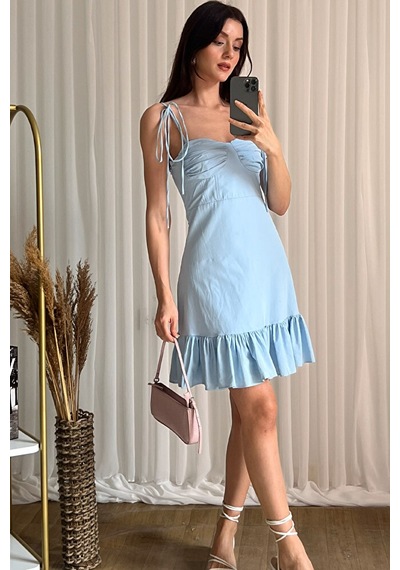 Askılı Fırfırlı Mini Boy A Kesim Şık Günlük Elbise Mavi