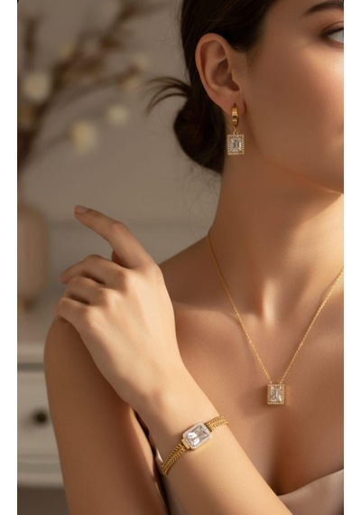 Baget Taşlı Gold Çelik Takı Seti Gümüş - Rose Gold