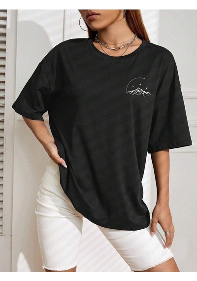 Moon Start T-shirt - Siyah Baskılı Oversize Bisiklet Yaka Kısa Kol SIYAH