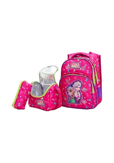 Prenses Temalı 3'lü Pembe Kız Çocuk Okul Çanta Sırt Çantası Termal Beslenme Kalemlik Yeni Sezon Pembe