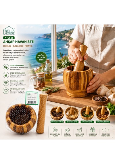 Ahşap Bambu - Çizgili Havan Sarımsak Dövecek Ç: 8cm--d: 7cm--y:10.5cm Fileli Ambalaj 5250