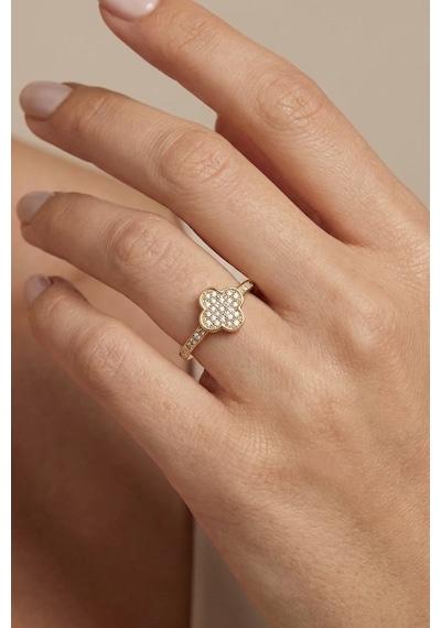 Valmont Accessories Ayarlanabilir Kristal Taşlı Altın Sarısı Yonca Yüzük Zarif Işıltılı Kadın Yüzük