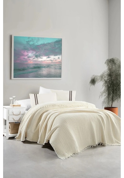 Müslin Dokulu %100 Pamuk Çift Kişilik Pike Seti 200x240 Cm Krem