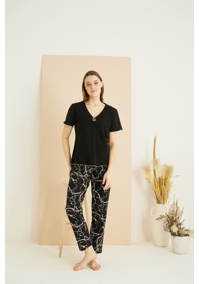 Siyah İnci Pamuklu Bisiklet Yaka Örme Pijama Takım25103221 Siyah