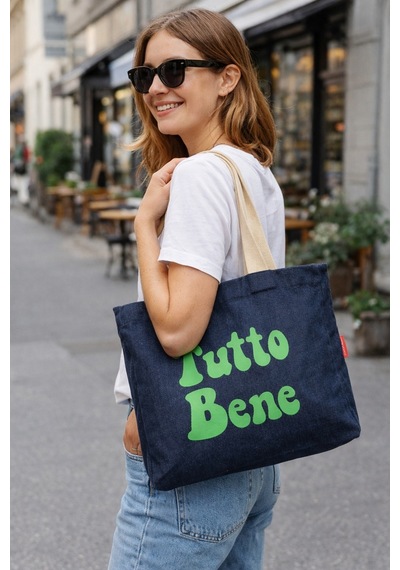 Faralya Life Mavi Kot Denim Çanta Baskılı Pamuk Bez Çanta 52x42 Cm 60 Cm Sap Uzunluğu Yeşil