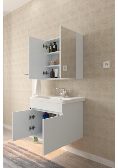 Tokyo 65 Cm Banyo Dolabı Takımı Aynalı Mdf Gövde Seramik Lavabolu