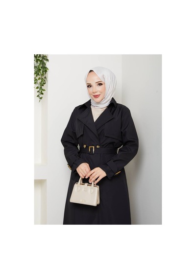 Miss Meliss Kruvaze Yaka Kemerli Tam Boy Tesettür Trençkot Siyah Siyah