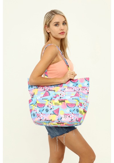 İcone Bag Kadın Çantası, Fonksiyonel Baskılı Plaj Çanta, Beach Bag, Karpuz Tropical Desenli Fermuarlı Çanta Mavi - Pembe