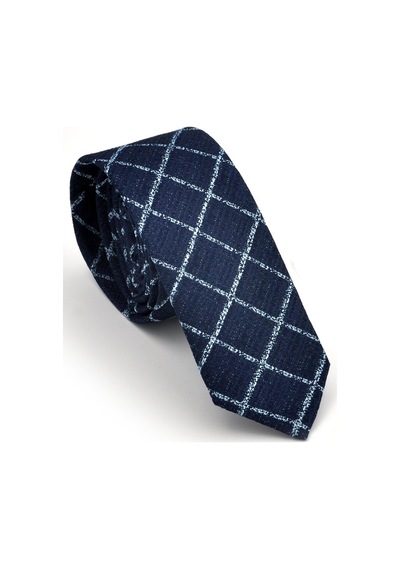 Gaffy Mavi Kare ve Kırcıllı Desenli Lacivert Dokuma Kumaş Mendilli Slim Fit Kravat // Sdk230912 Lacivert - Mavi